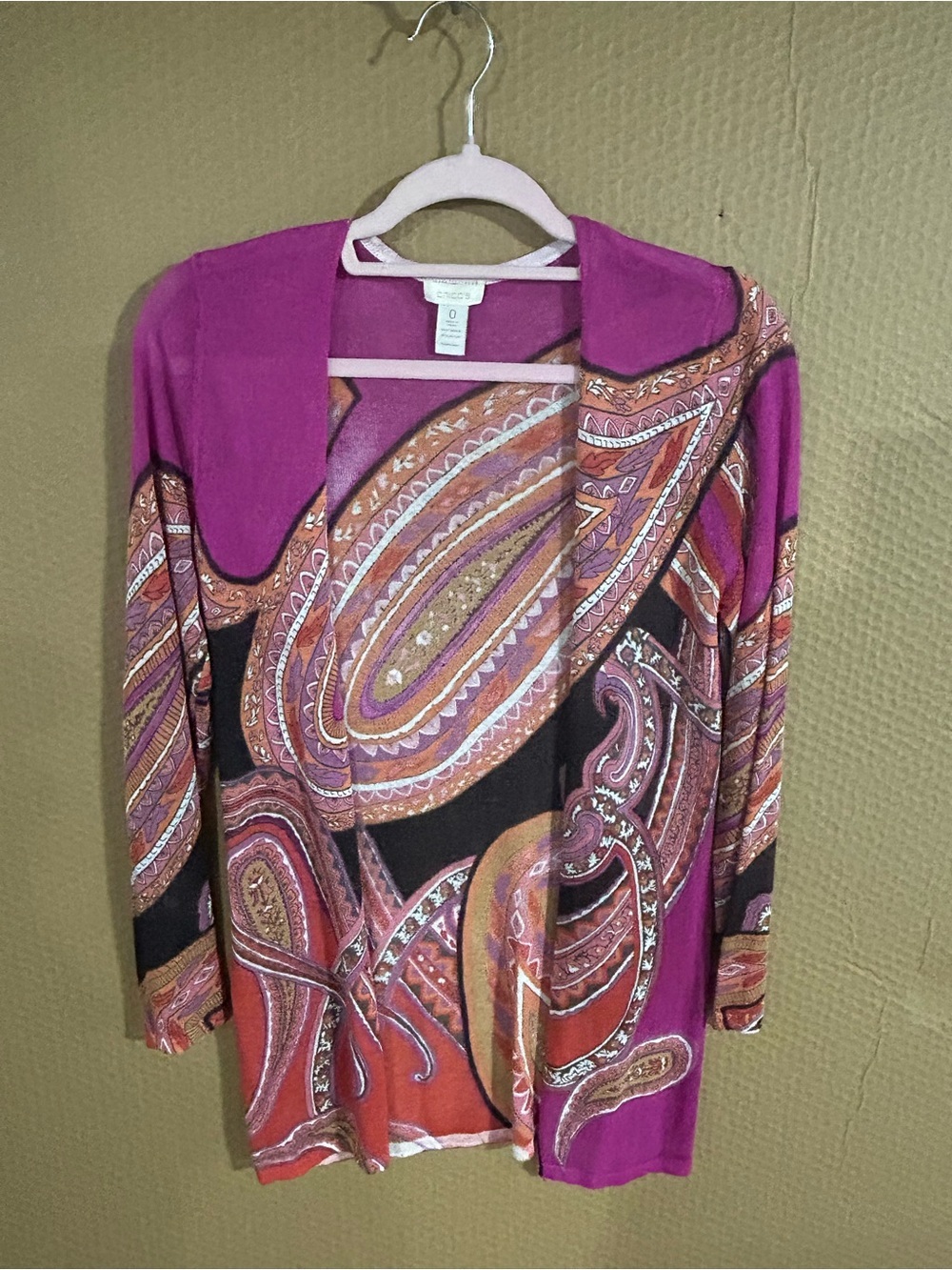 Chico's Purple and Black Paisley Open-Front Cardigan